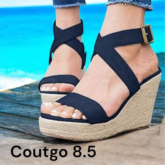 Coutgo Shoes - COUTGO Women's Navy Blue Espadrille Wedge Sandals Anke Strap Buckle